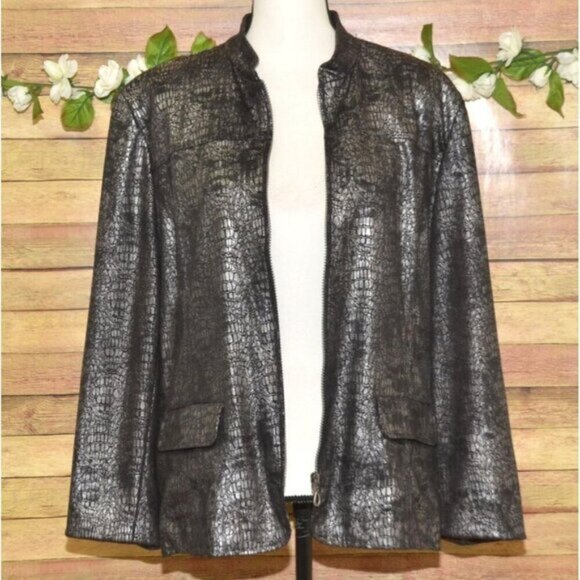 Alfred Dunner Silver Metallic Croc Print Faux Leather Full Front Zip Up Jacket S - Picture 1 of 11